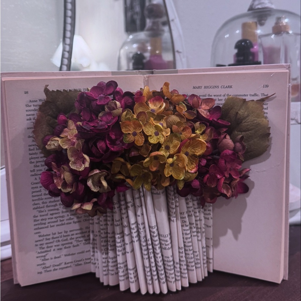 Elegant Faux Floral Book Decor in Burgundy and Yellow